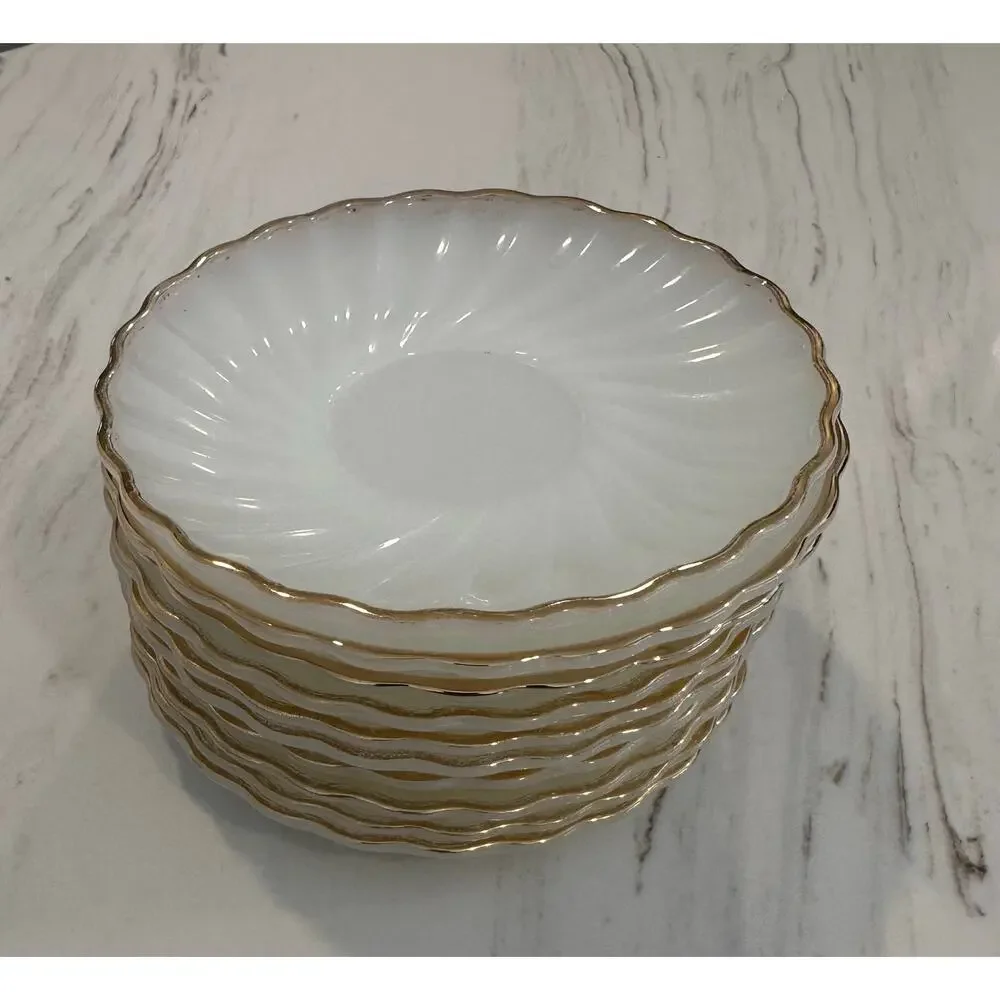 Vintage Anchor Hocking Suburbia Milk Glass Gold Trim Bread Dessert Plates Set 10